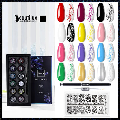 KIT TINTA DE CARIMBO - NAIL ART PAINTING STAMPING GEL Kit 6g and 12pcs