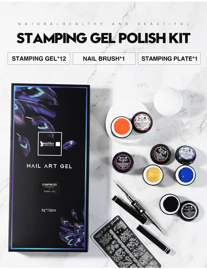 KIT TINTA DE CARIMBO - NAIL ART PAINTING STAMPING GEL Kit 6g and 12pcs