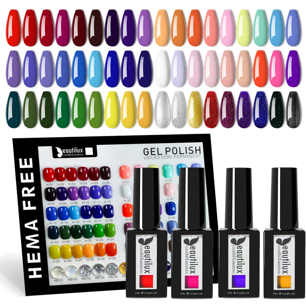 Beautilux gel polish bottles, colour samples and display palette for the 72-piece 7 ml kit.